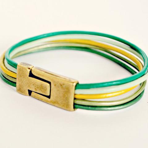 Green leather cuff bracelet with magnetic clasp (7")