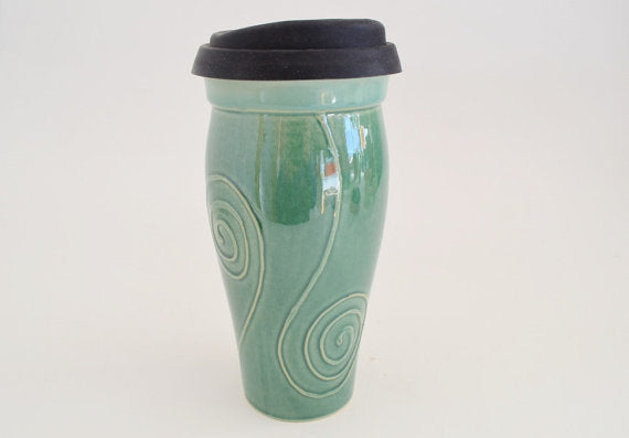 Ceramic Travel Mug with Lid- Green with Spiral Design