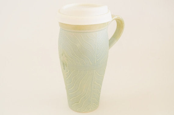 Ceramic Travel Mug with Lid and Handle- Light Turquoise with Wavy Lines