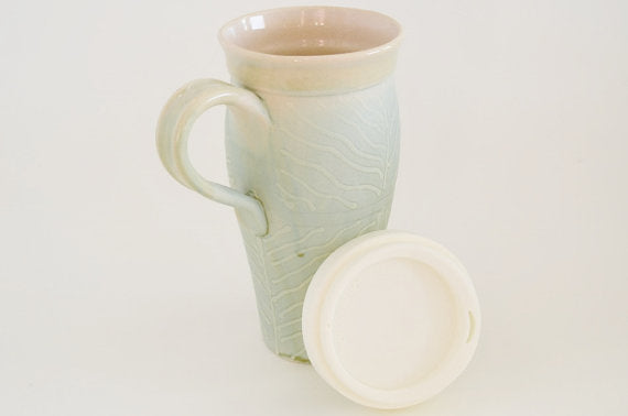 Ceramic Travel Mug with Lid and Handle- Light Turquoise with Wavy Lines