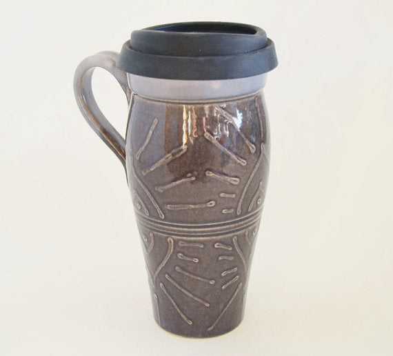 Ceramic Travel Mug with Lid and Handle- Eggplant with Design