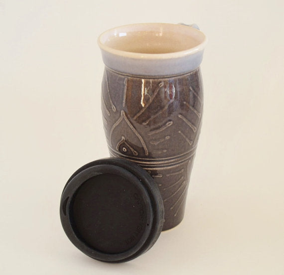 Ceramic Travel Mug with Lid and Handle- Eggplant with Design