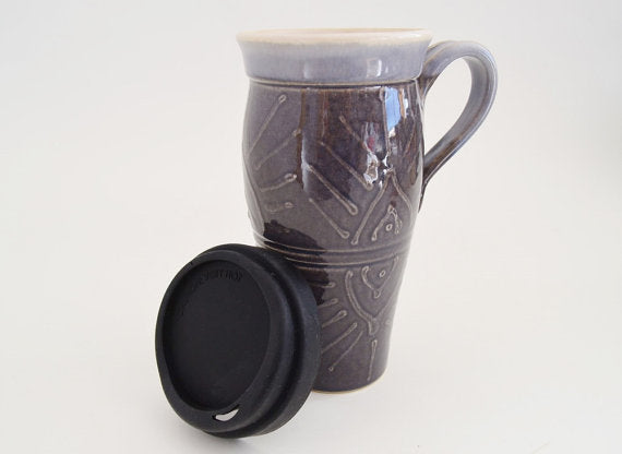 Ceramic Travel Mug with Lid and Handle- Eggplant with Design