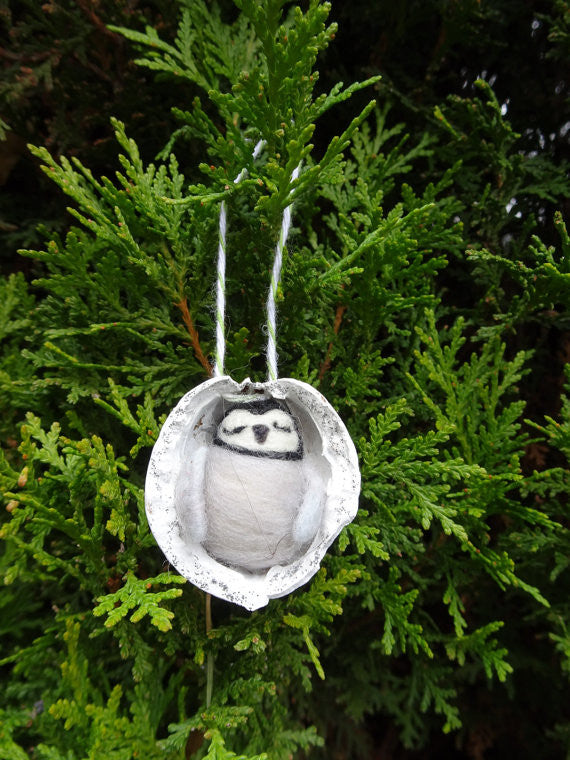 Needle Felted Penguin in Walnut Heirloom Ornament