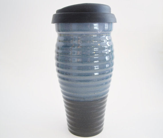 Ceramic Travel Mug with Lid- Ribbed Blue and Dark Blue