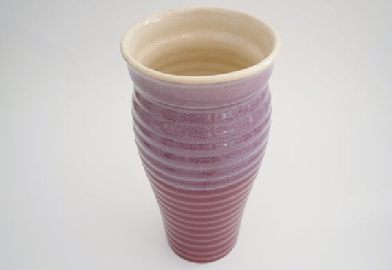 Ceramic Travel Mug with Lid - Pink and Mauve Ribbed