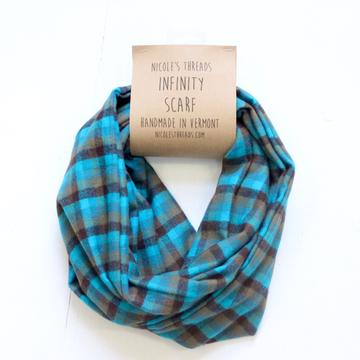 Teal, Olive Brown Flannel Infinity Scarf