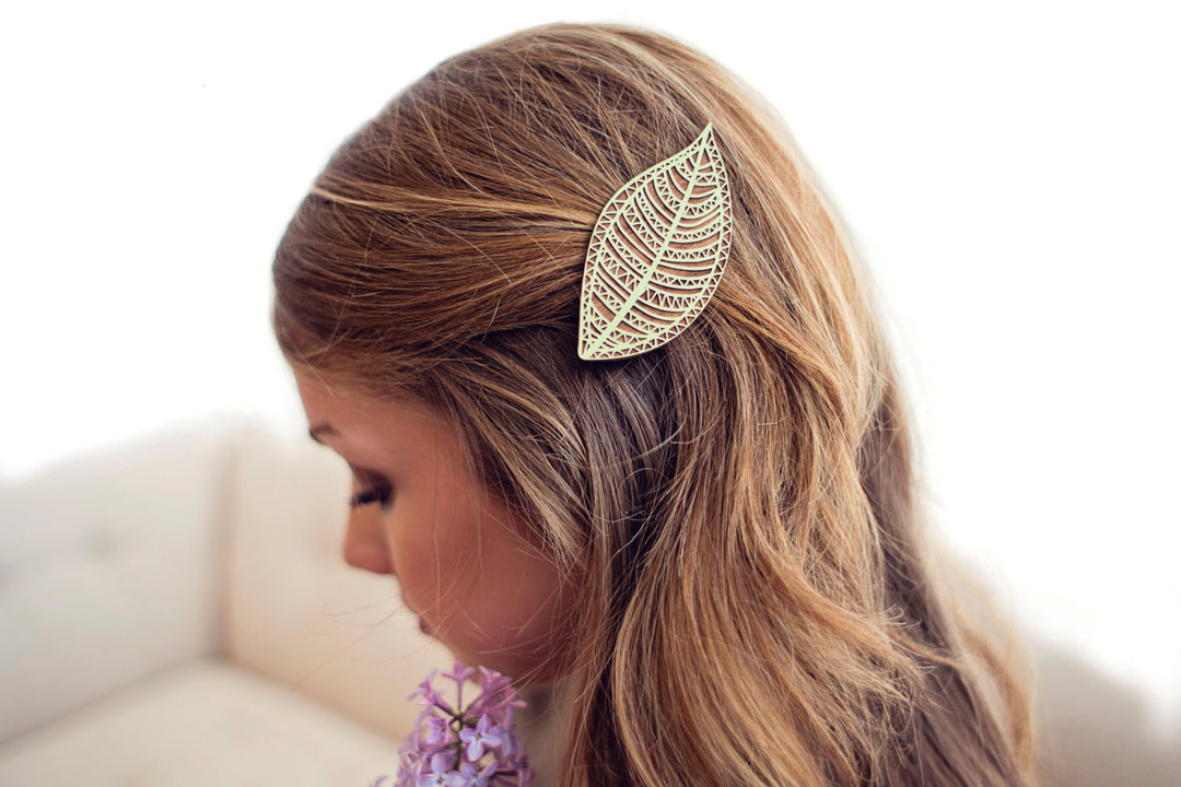 Mint Geometric Leaf Hair Clip Laser Cut Alder Wood