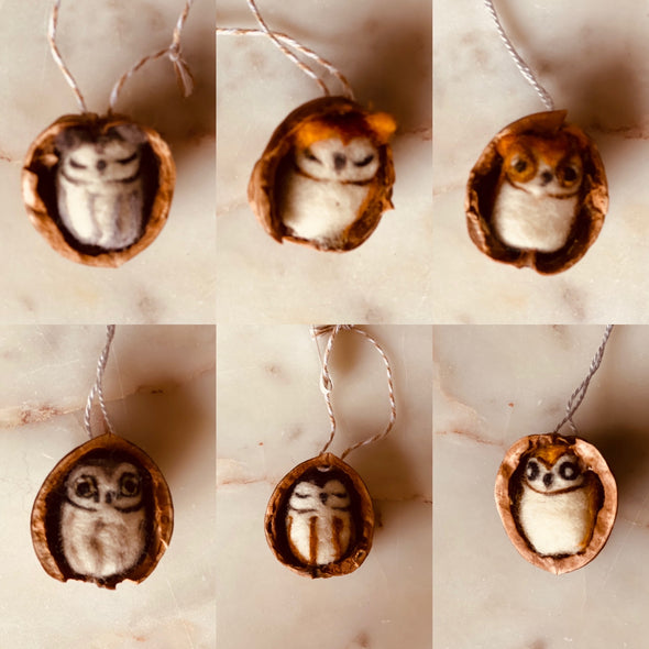 Felted Bird  In Nutshell Ornament-Assorted Owls