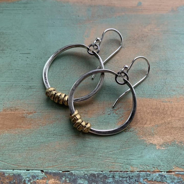 Silver Hoops with Brass Heishi Beads - Tiny