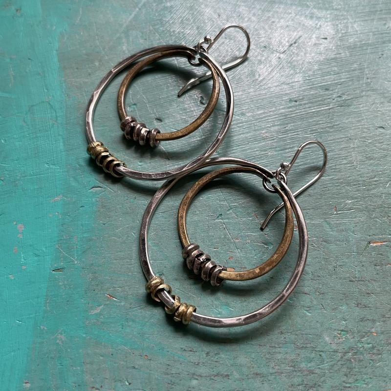 Double Hoop Earrings: Silver Outside Hoop, Brass Inner Hoop