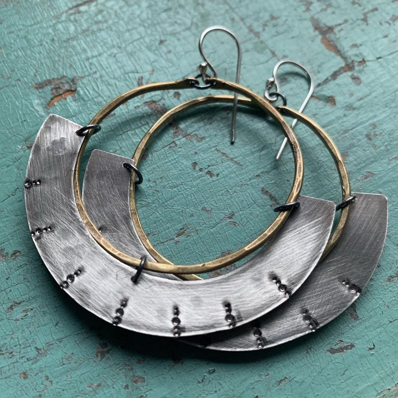 Mezzaluna Earrings - Brass Hoop w/ Thin, Stamped Silver Blade