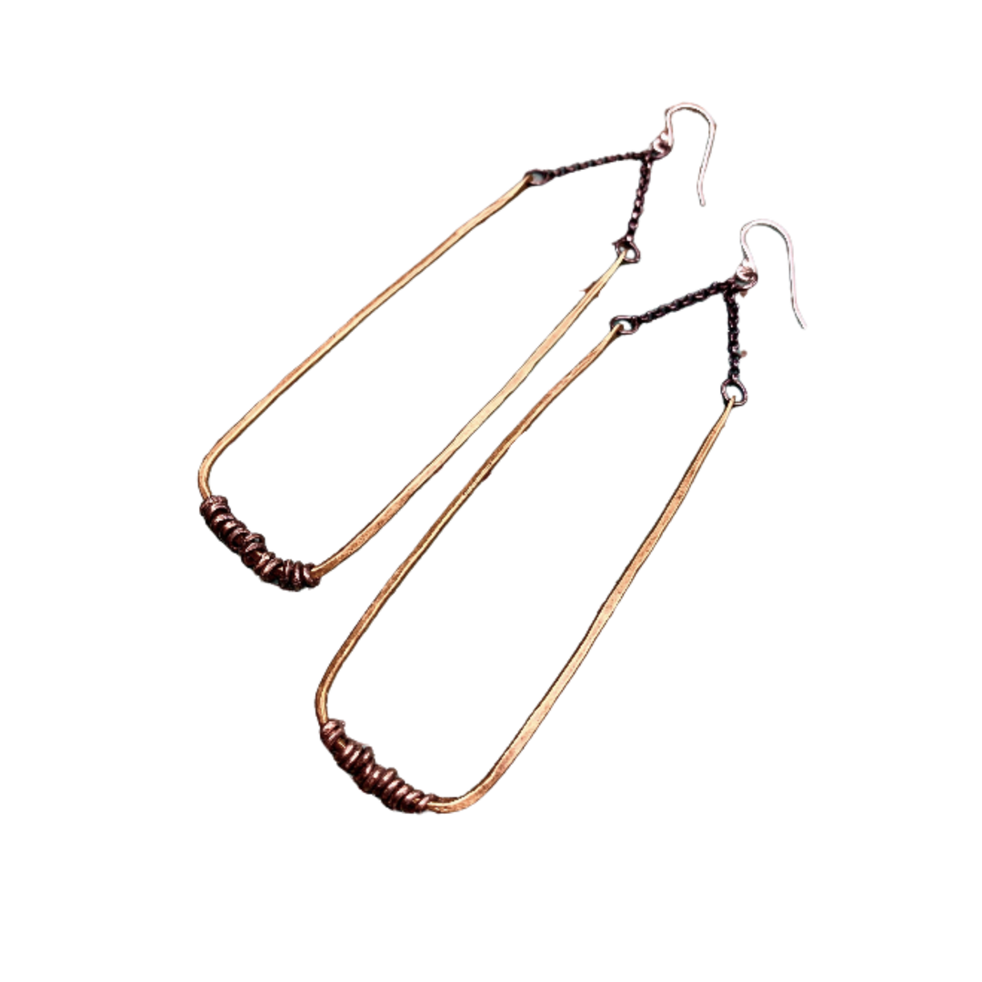 Large Forged Brass Rectangle Earrings w/ Heishi