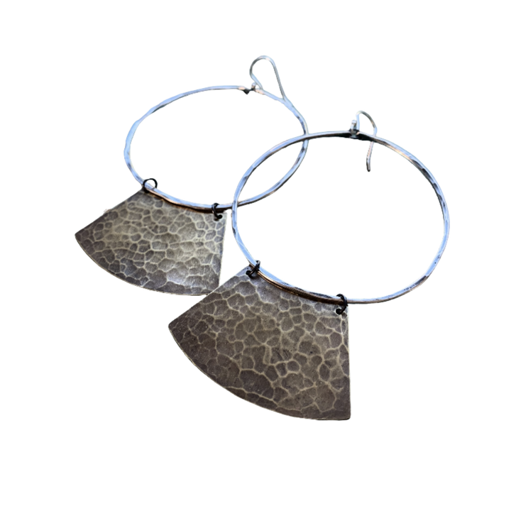 "Keyhole" Mezzaluna Earrings - Silver Hoop w/ Wide, Hammered Brass Blade