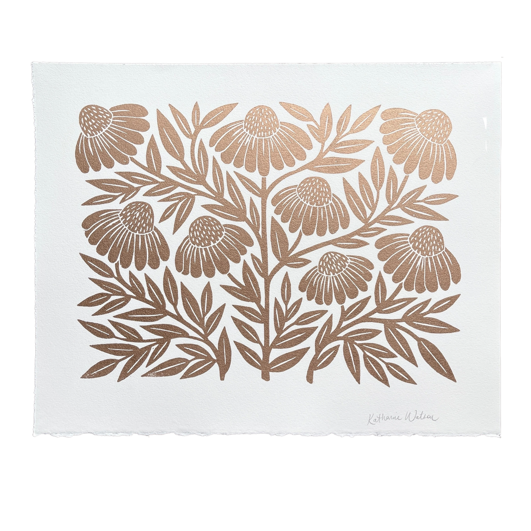 Hand Block Printed Gold  Echinacea Art Print