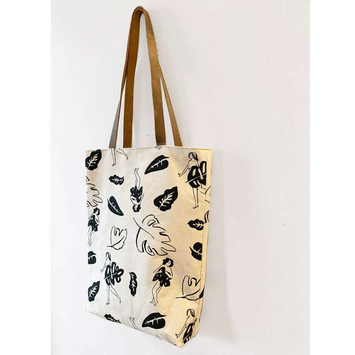 Canvas Tote w/ Leather Handle - Ladies & Leaves