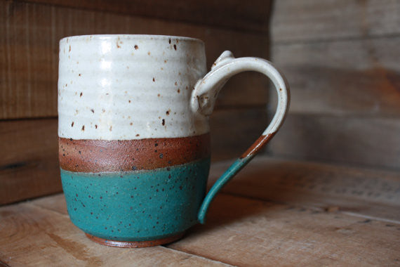 Blue Coffee Mug with Brown & White Stripes - WATERBURY
