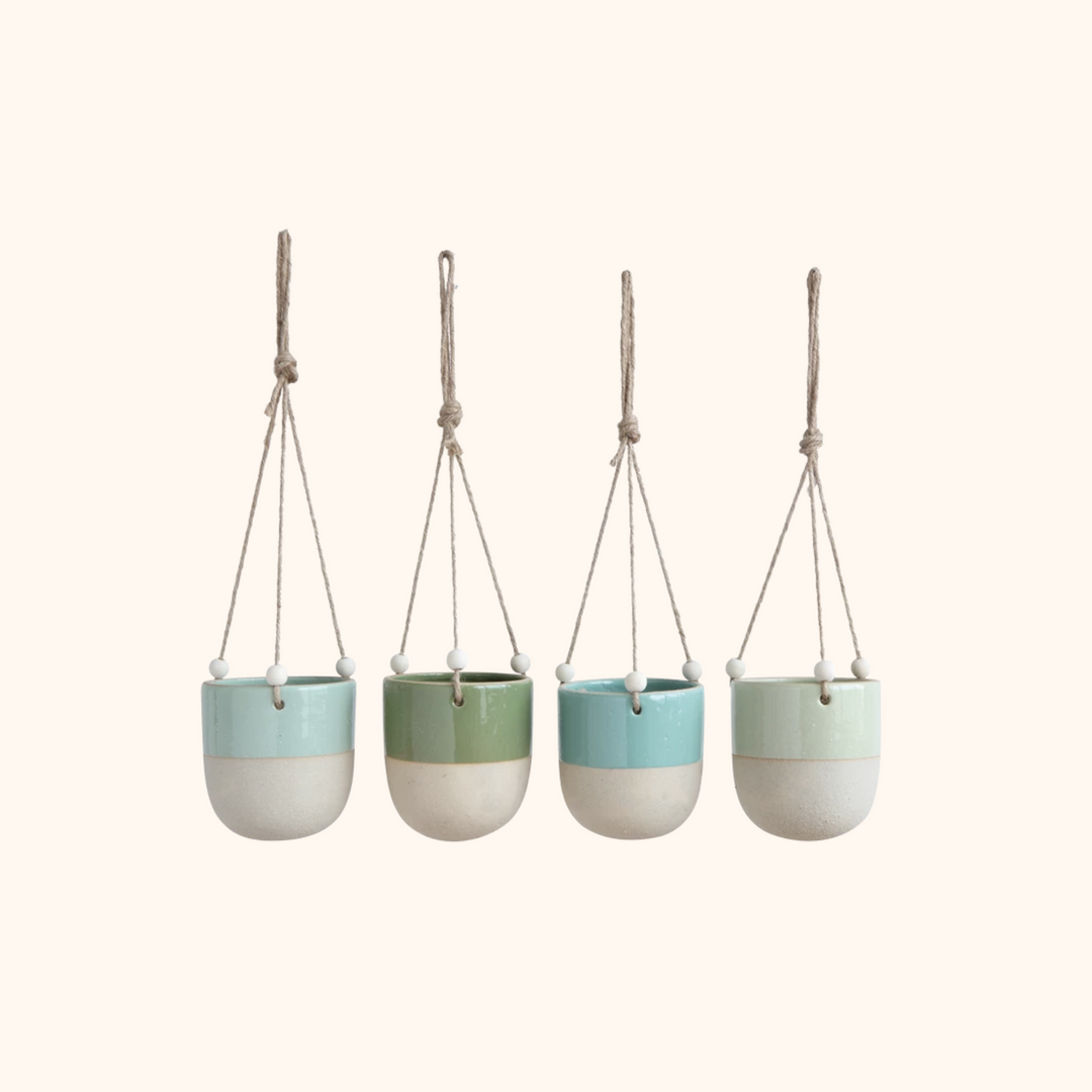 Cool Tones Glaze/Matte Hanging Planter with Beads