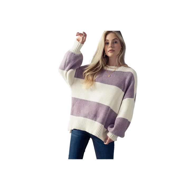 Striped Colorblock Bishop Sleeve Knit Sweater