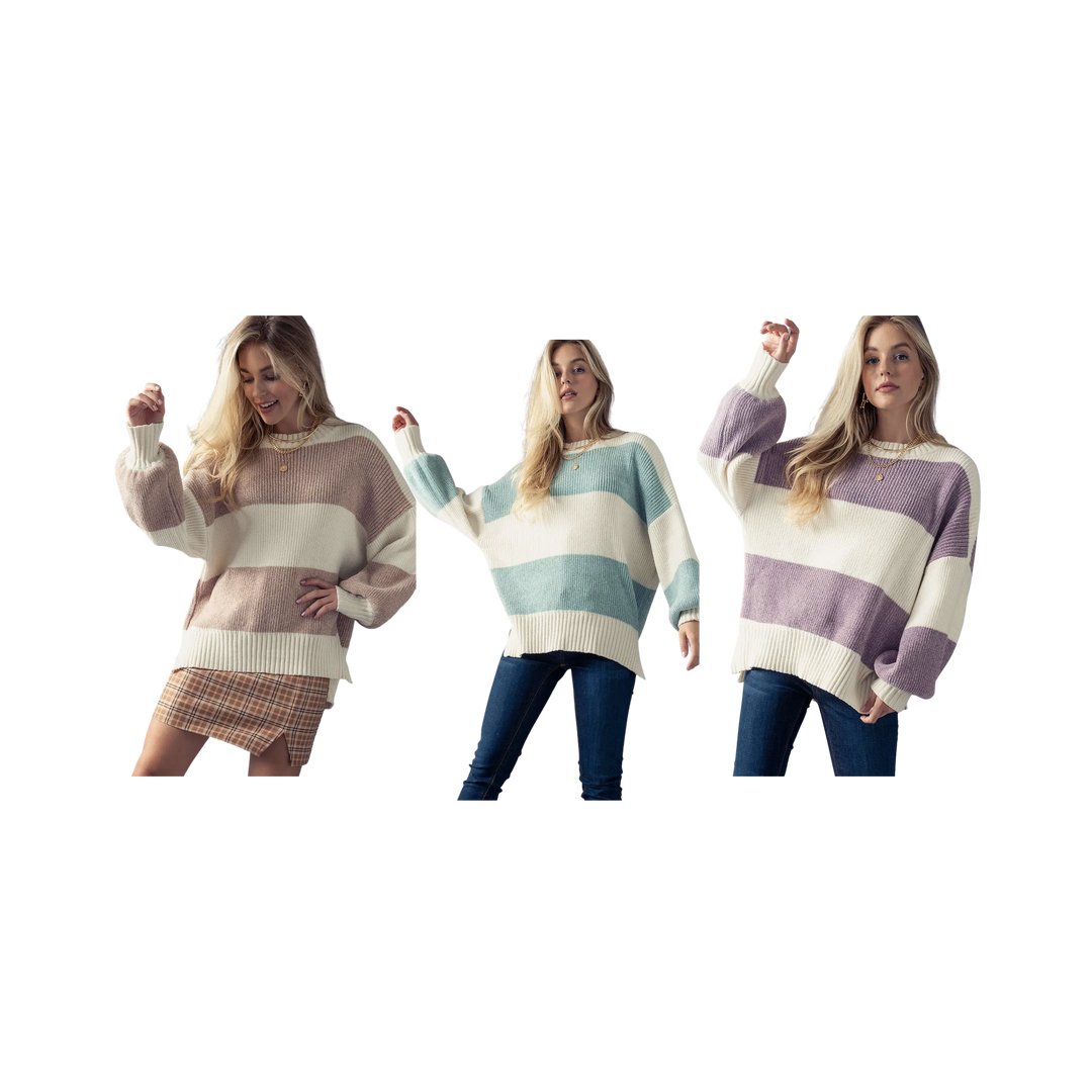 Striped Colorblock Bishop Sleeve Knit Sweater