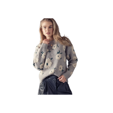 Grey Sweater with White Fuzzy Flowers Texture Knit Floral Sweater